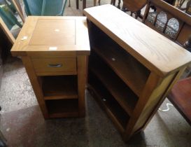 A 70cm modern golden oak three shelf open bookcase - sold with a similar bedside table