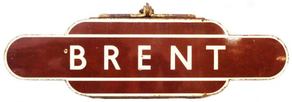 A vintage enamel Brent Station railway sign, in brown and cream livery