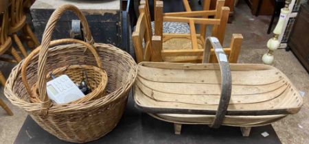 An old wooden trug - sold with two wicker baskets and a quantity of flower arranging vases