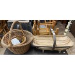 An old wooden trug - sold with two wicker baskets and a quantity of flower arranging vases