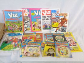 A box containing a collection of vintage Beano and Viz comics, also two 1980's Roy of the Rovers