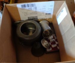 A box containing a small quantity of collectables comprising a pewter lidded tankard, Cornish pewter