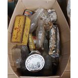 A box containing a quantity of old bottles, advertising tins, etc.