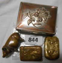 Two Oriental brass vesta cases - sold with a plated box and a small brass pig