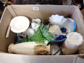 A box containing a quantity of ceramics including green glass vase, etc.