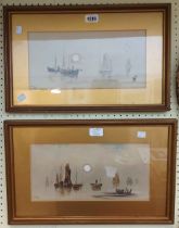 P. Jones: a pair of gilt framed and slipped early 20th Century watercolours, both depicting moored