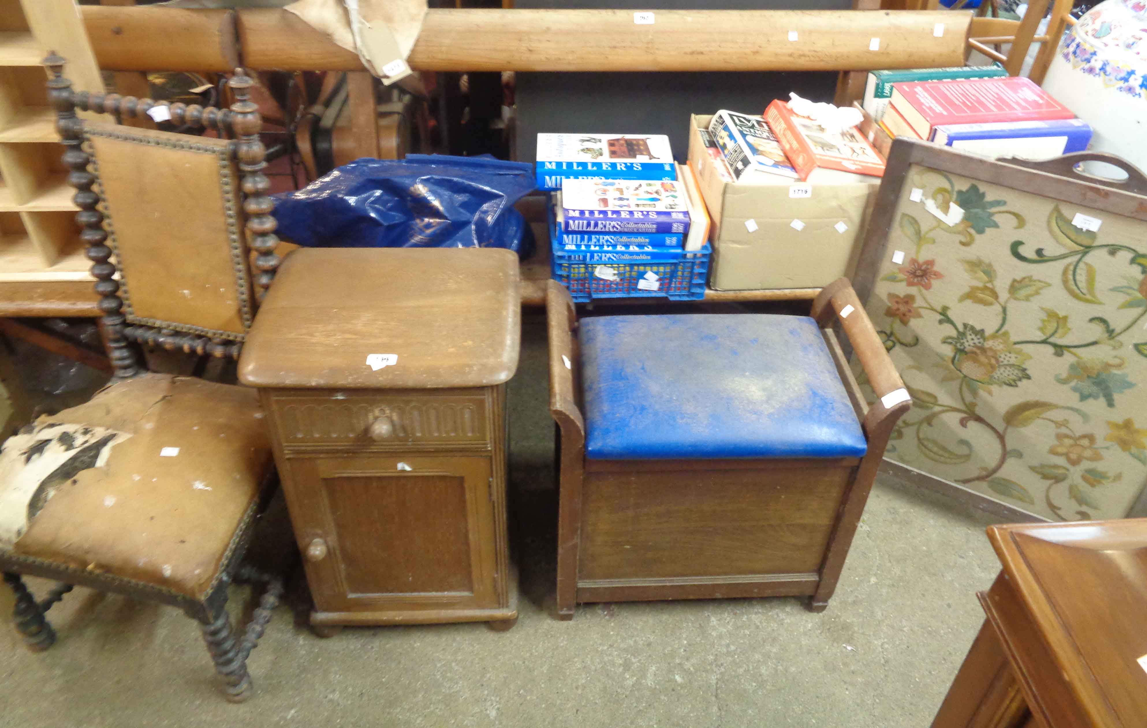 A vintage Ercol style bedside cabinet - sold with a locker piano stool, a Victorian bobbin turned