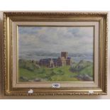 †Ernest Knight: a gilt and hessian framed vintage oil on canvas entitled 'Iona' - signed and