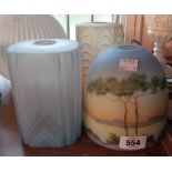 Three vintage opaque glass lamp shades including a landscape decorated example