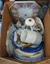 A box containing a quantity of ceramics including Gibson 25th Anniversary set, blue and white