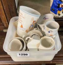 A tub containing a quantity of old children's ceramics including part tea sets, Paragon bone china