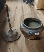 An Art Nouveau copper planter with outer swirl pewter decoration - sold with a brass and copper Arts