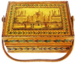 A Regency penwork work box with lift-top over single draw and bentwood handle, the lid depicting