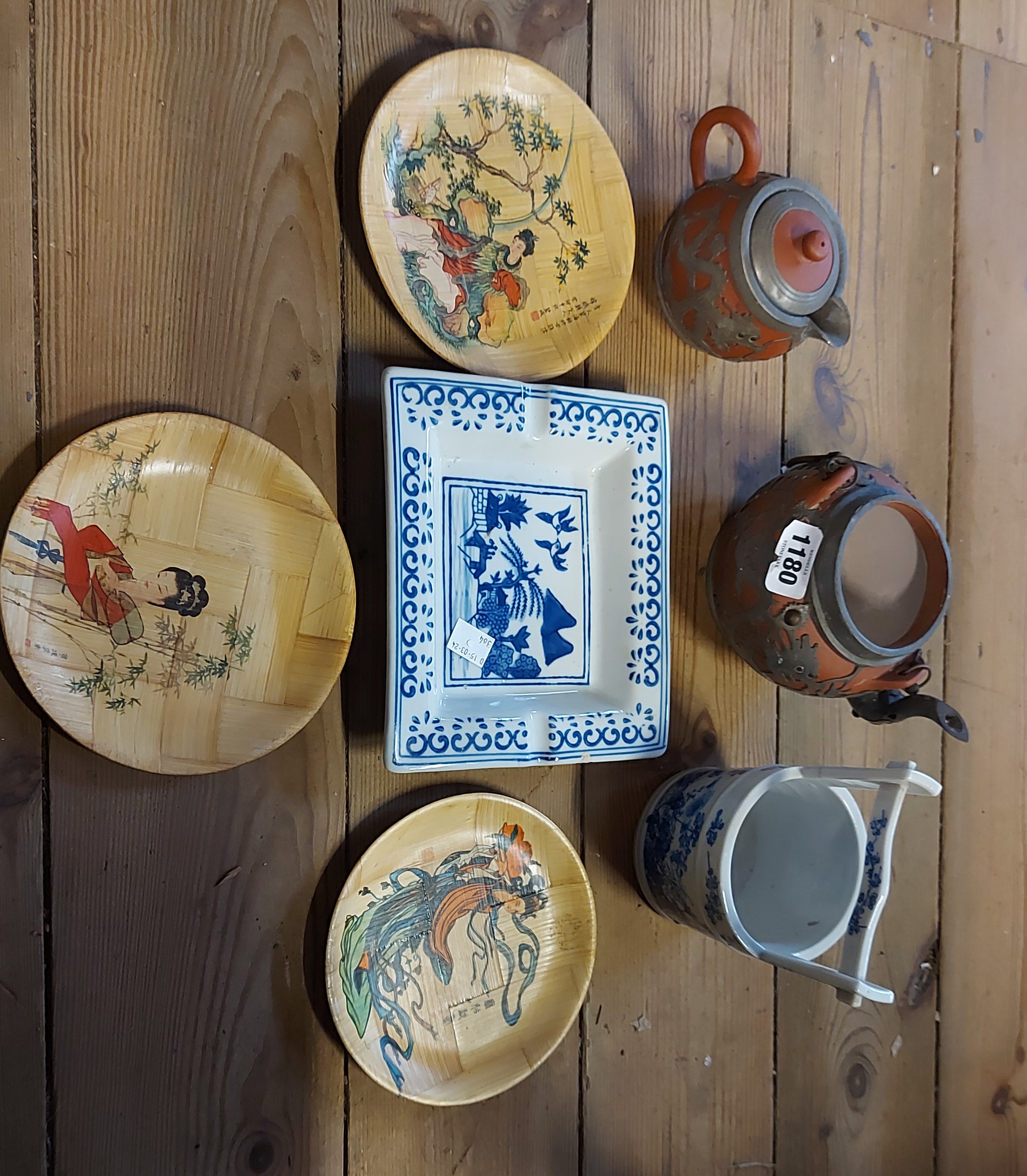 A small quantity of ceramics including Chinese pewter clad teapot (no lid), milk jug, etc.