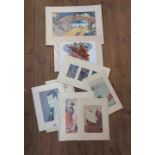 A selection of unframed mounted late Japanese coloured prints - various artists and subject