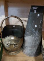 A brass coal scuttle of helmet form - sold with a galvanised coal hod