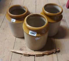 Three stoneware storage jars - sold with an African carved wood ornament, depicting a crocodile