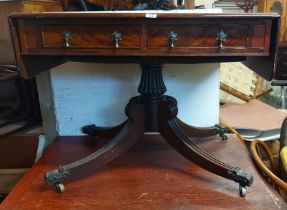 A 97cm 19th Century mahogany sofa table with two through drawers, set on turned and reeded pillar