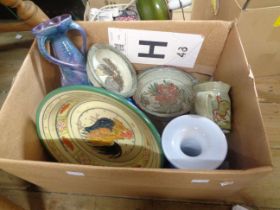 A box containing a quantity of studio and other pottery including Maureen Minchen bowls, mugs, jugs,