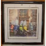 A framed signed limited edition decorative coloured print, depicting scooters parked in a street