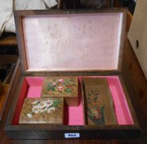 An antique wooden box with hand painted floral decoration to lid - sold with two smaller hand