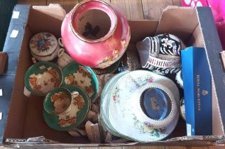 A box containing a quantity of assorted china including Royal Doulton sandwich plates, part tea set,