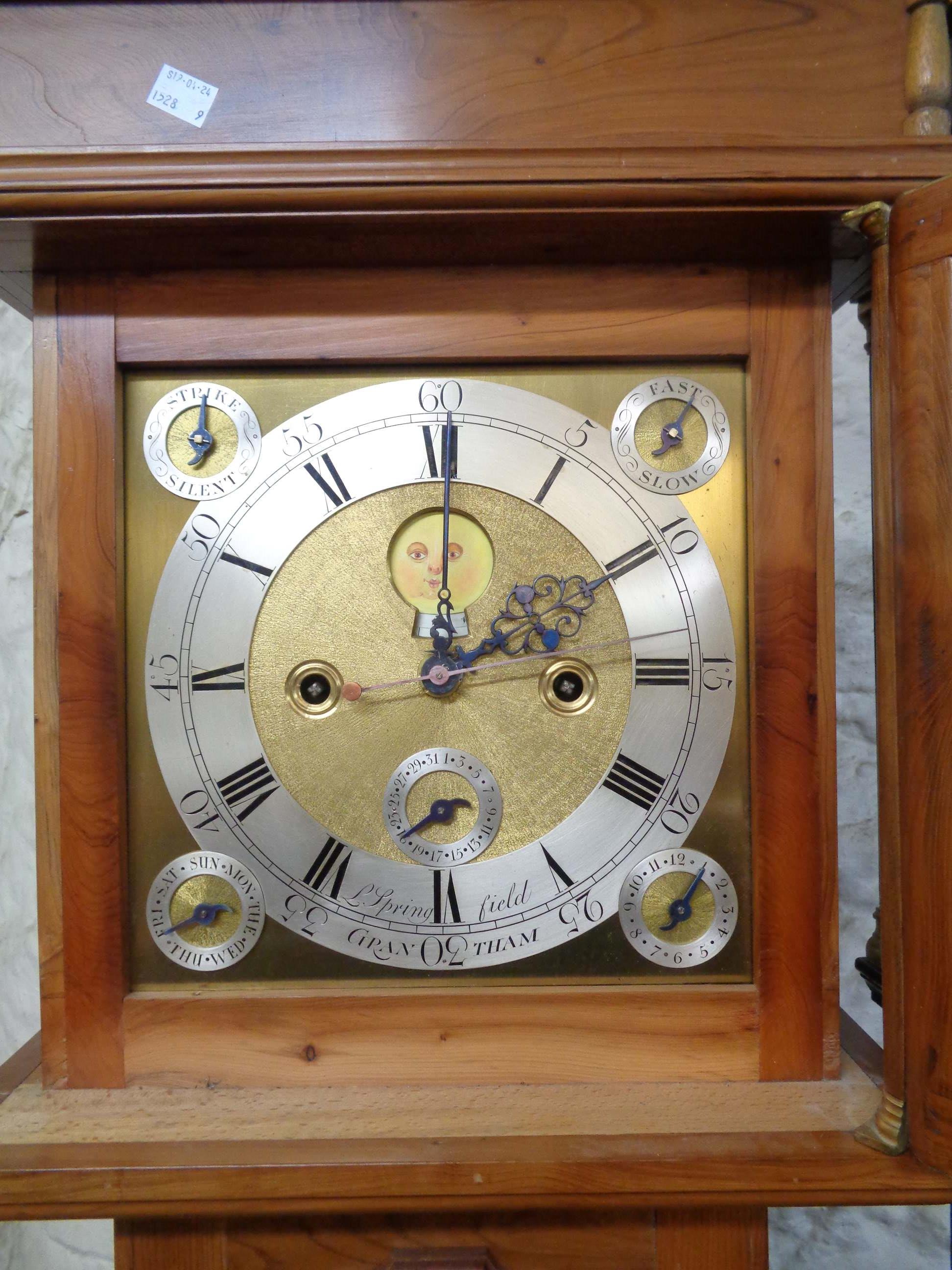 Springfield of Grantham: an antique style yew wood longcase clock, the 28cm brass and silvered - Image 2 of 2