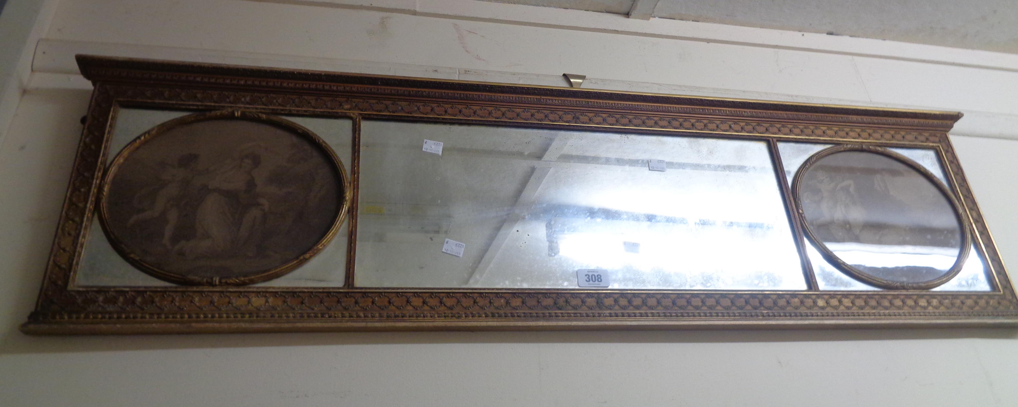 An old 1.15m narrow gilt framed overmantel mirror with triple plates and flanking inset oval sepia