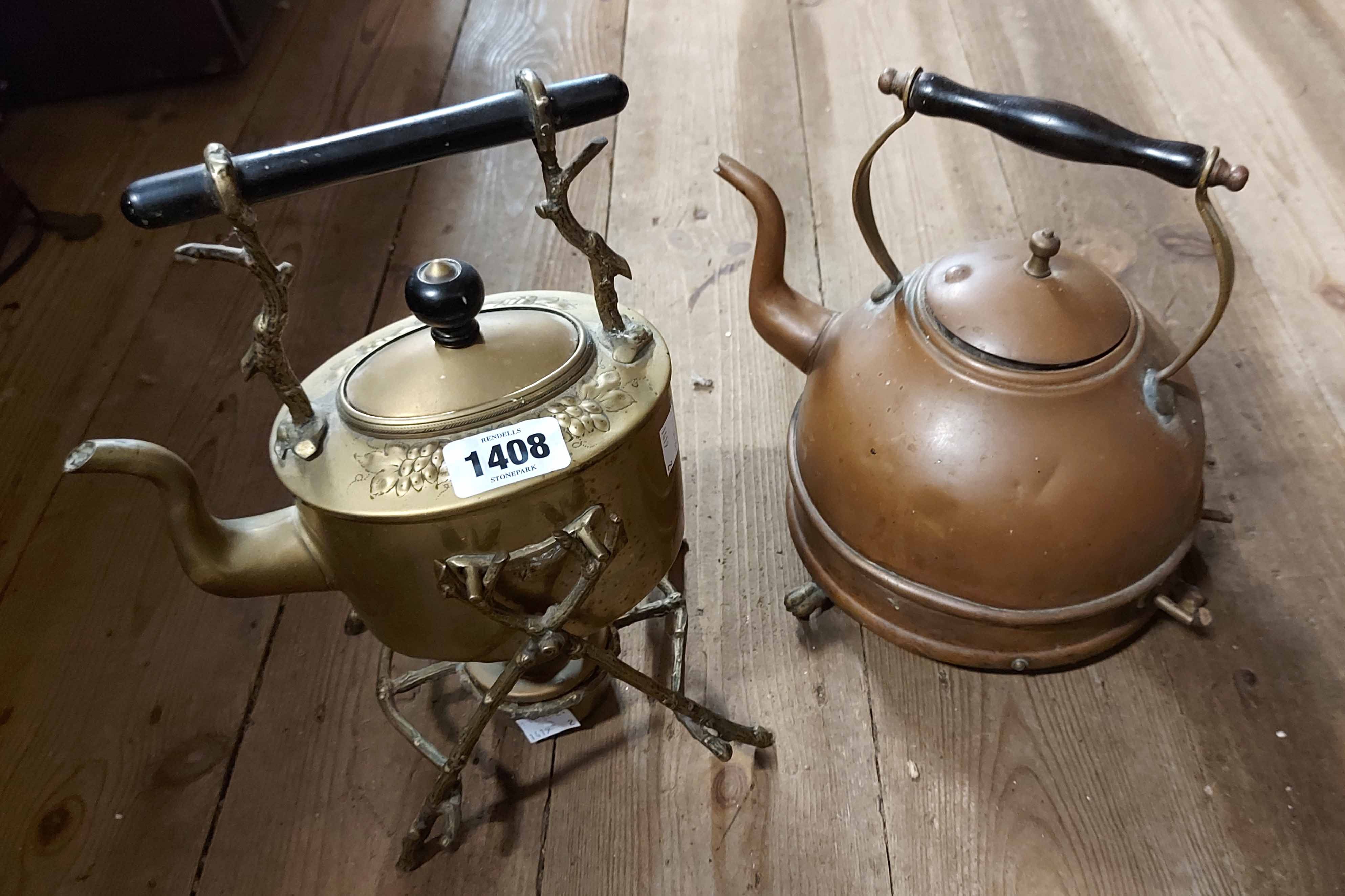 A vintage brass spirit kettle with burner and stand - sold with a copper kettle