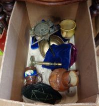 A box containing a quantity of ceramic and other collectable items including brass candlestick,