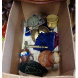 A box containing a quantity of ceramic and other collectable items including brass candlestick,