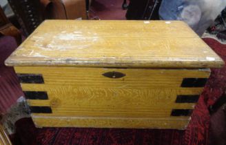 A 68cm Victorian pine lift-top box with iron bound corner and flanking drop handles - with