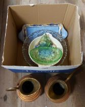 A box containing a quantity of metal and other items including two copper and brass jugs, etc.