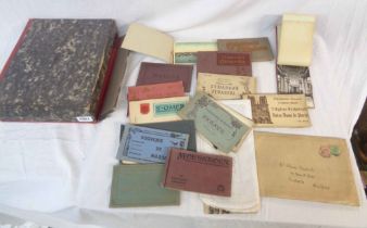 A file box containing a small collection of vintage souvenir postcard books - mainly France, also