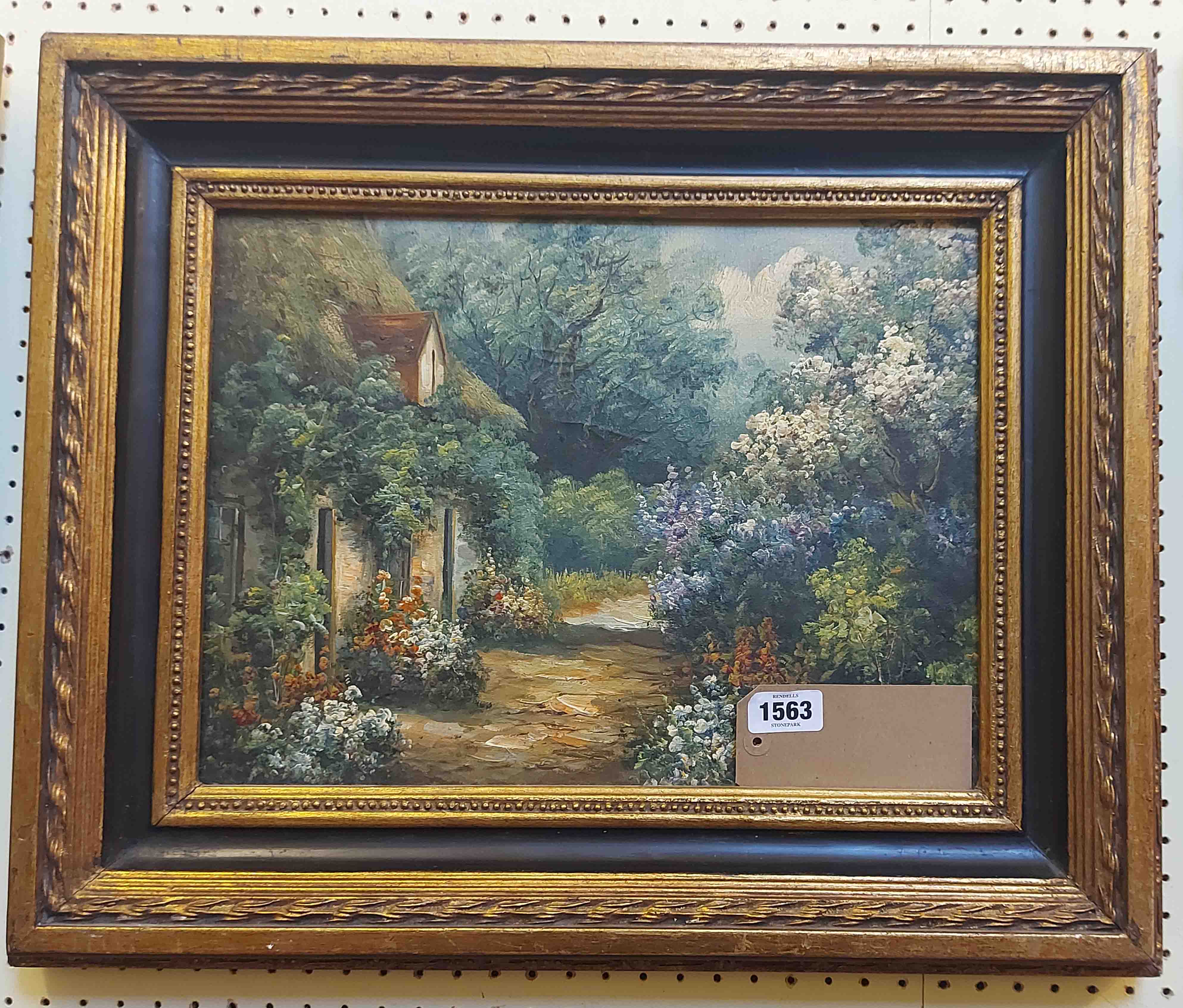 A reproduction gilt and part ebonised framed oil on canvas, depicting a cottage garden
