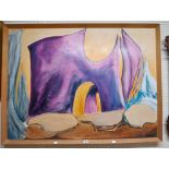 F.J. Colomb: a framed abstract oil on board, depicting brightly coloured forms - signed - 90.5cm X