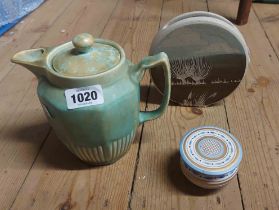 An Ian Kinnear studio pottery vase of wheel form with incised and painted decoration, a small