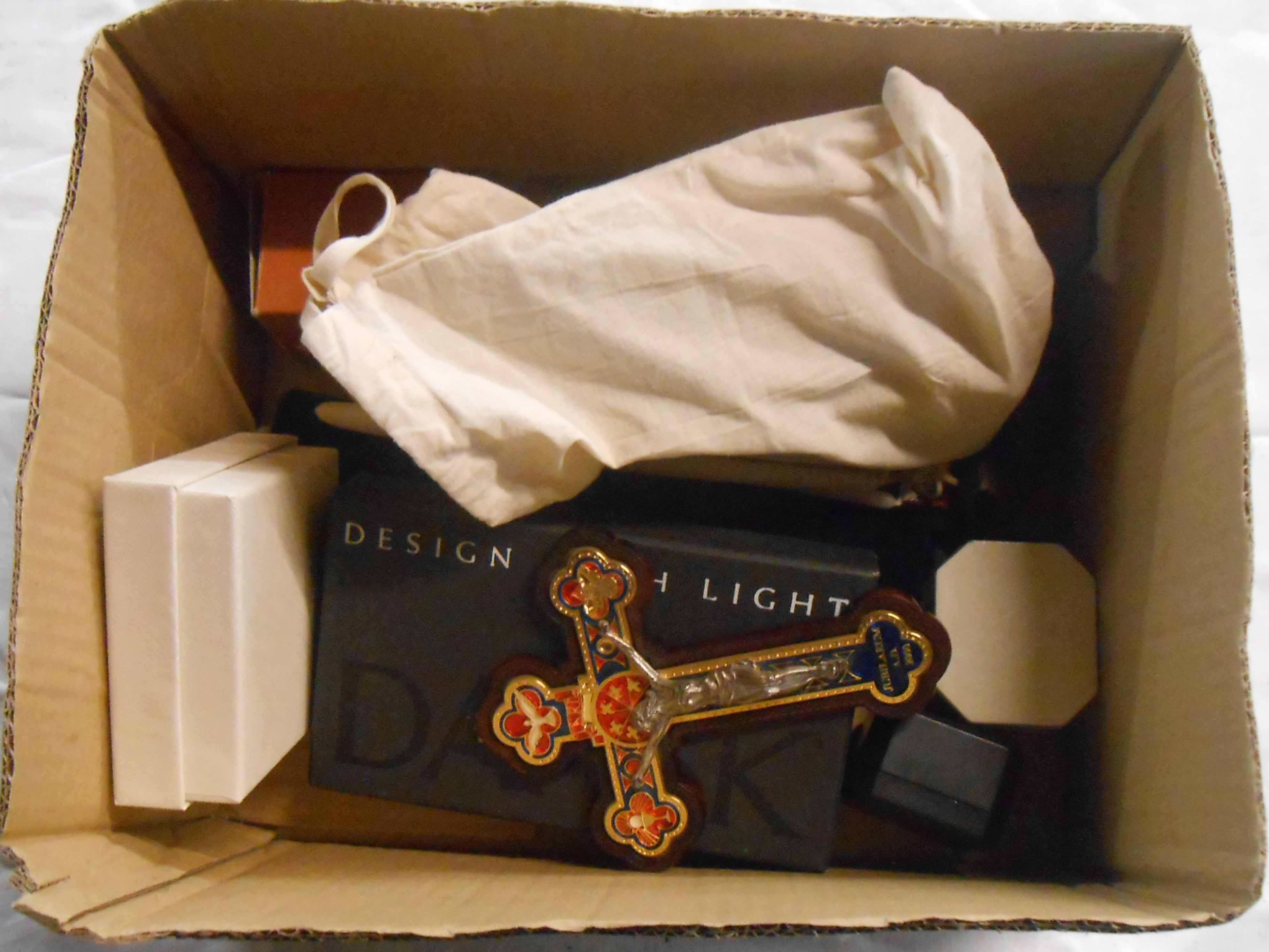 A box containing a quantity of collectable items including candlestick, a glass Chinese dragon