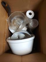 A box containing a quantity of kitchen ceramics and glassware including jelly moulds, juicer, etc.