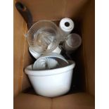 A box containing a quantity of kitchen ceramics and glassware including jelly moulds, juicer, etc.