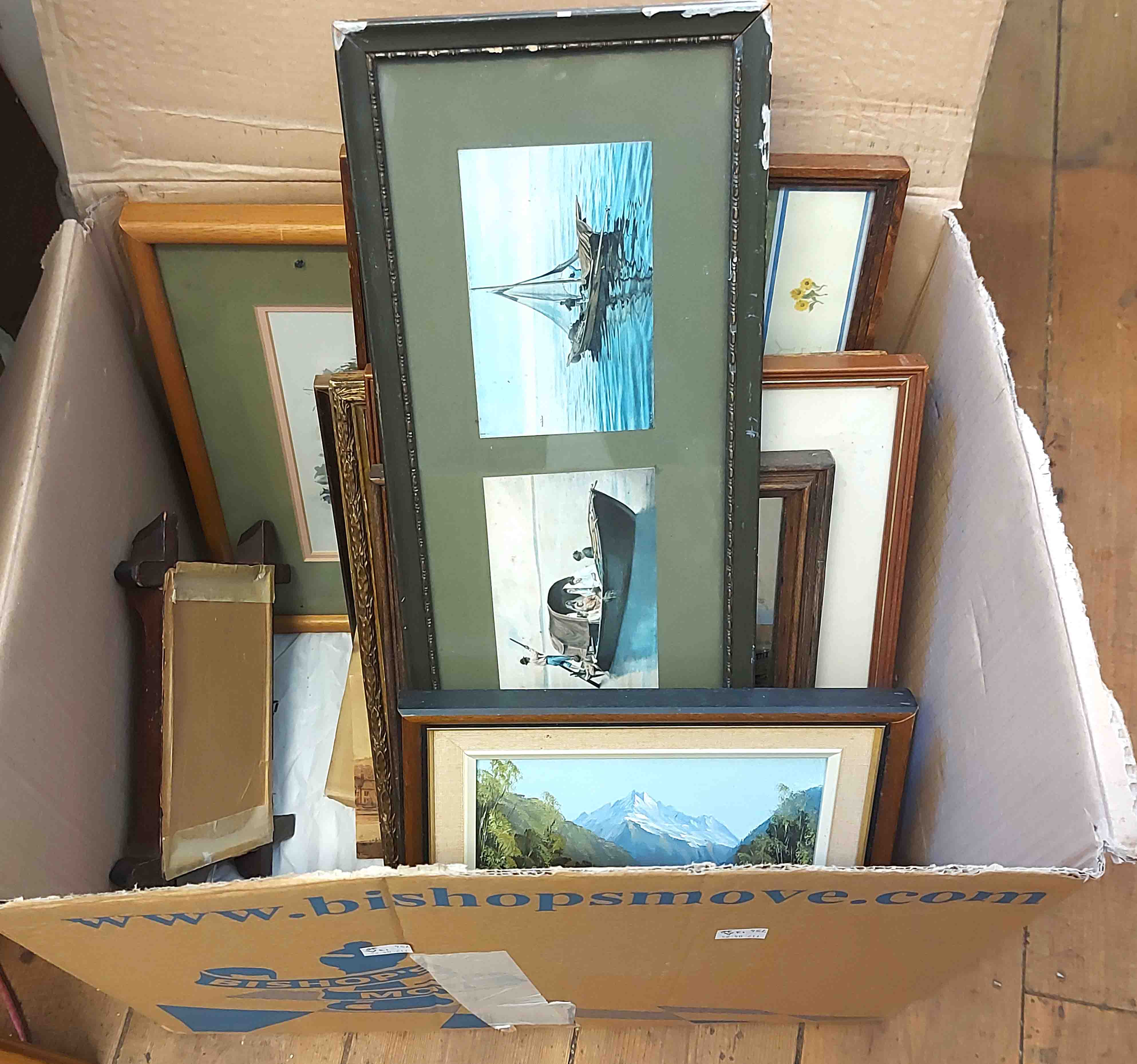 A box containing a selection of decorative framed coloured prints, Donald William Parlane: a small