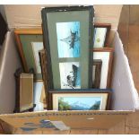 A box containing a selection of decorative framed coloured prints, Donald William Parlane: a small