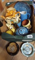 A box containing a quantity of ceramics including Torquay, Price Bros. Cottage Ware tea set, etc.