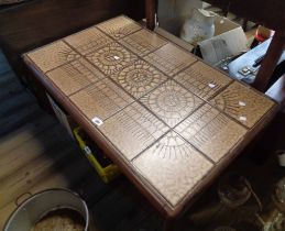A 1.03m retro teak coffee table with decorative tile inset top, set on moulded legs