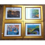 Four matching gilt framed coloured prints including two †David Hockney landscapes, James Ensor still