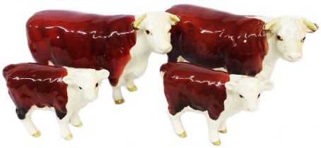 Two Beswick Hereford Champion of Champion cow figurines - sold with two Hereford calves