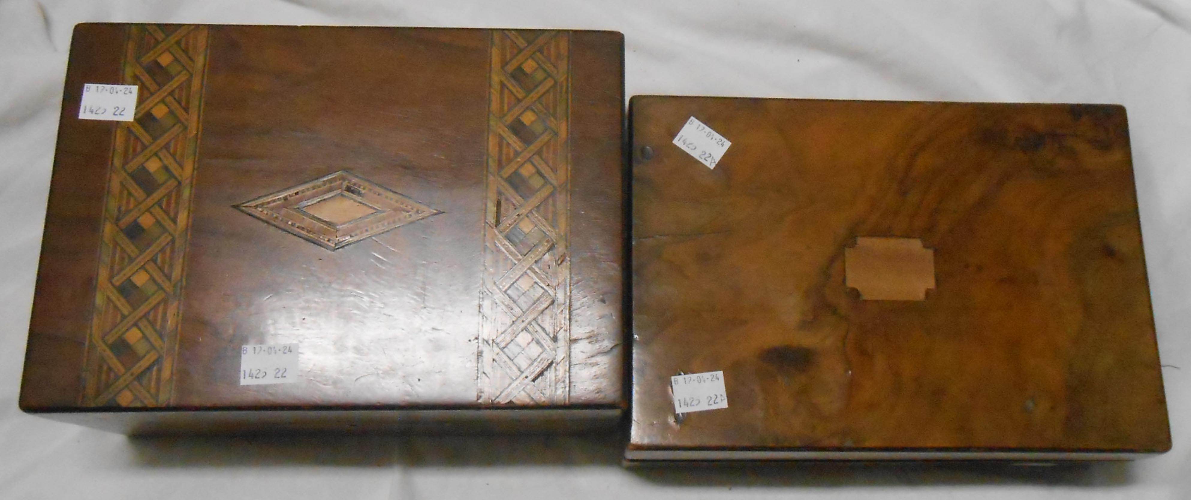 Two antique wooden boxes containing a quantity of sewing accessories