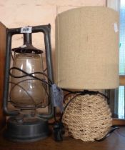 A vintage Chalwyn oil hurricane lamp - sold with a modern table lamp with woven rope base