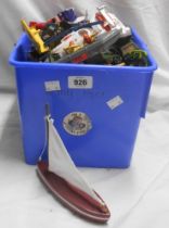 A bucket containing a quantity of Dinky and Matchbox models, etc.