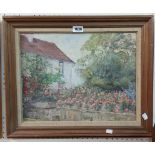 Val Maitland: a framed vintage oil on board, depicting a cottage rose garden - extensive details